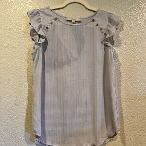 LOFT Pinstripe Ruffle Sleeve Blouse - Blue and White